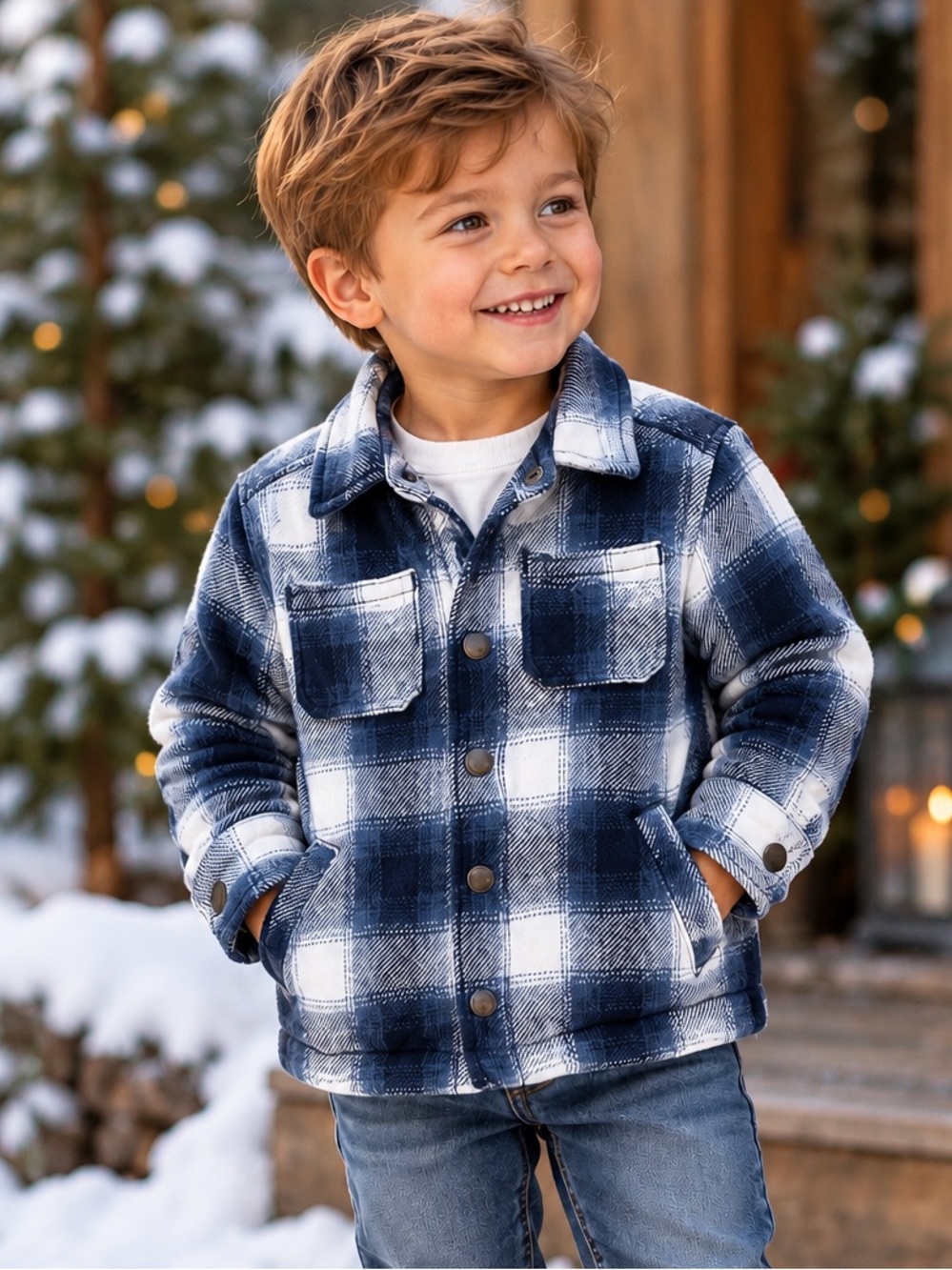 Old Navy Boys Heavyweight Cotton Plaid Shacket 3T Blue Plaid